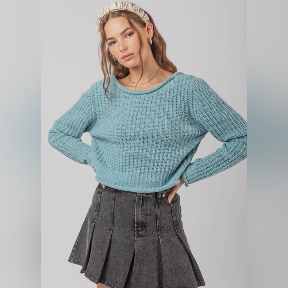 Light blue crop sweater with tie back detail